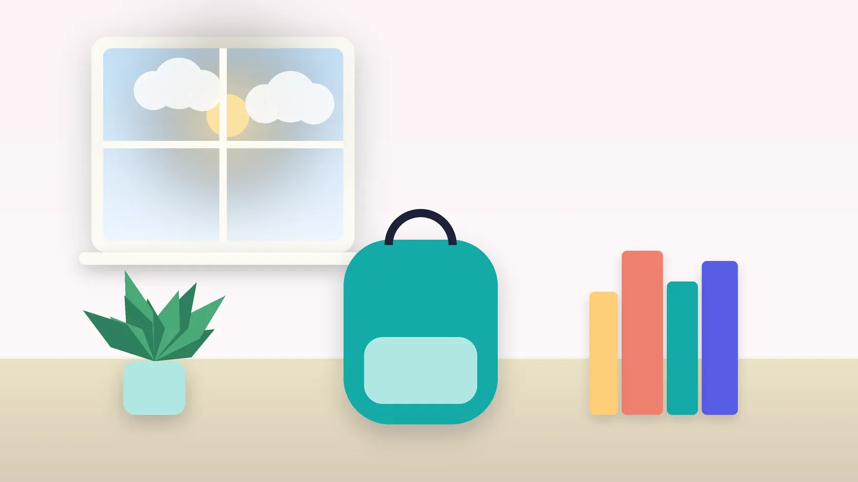Illustration of a school backpack on the floor beside a stack of books and a plant, under a sunny window
