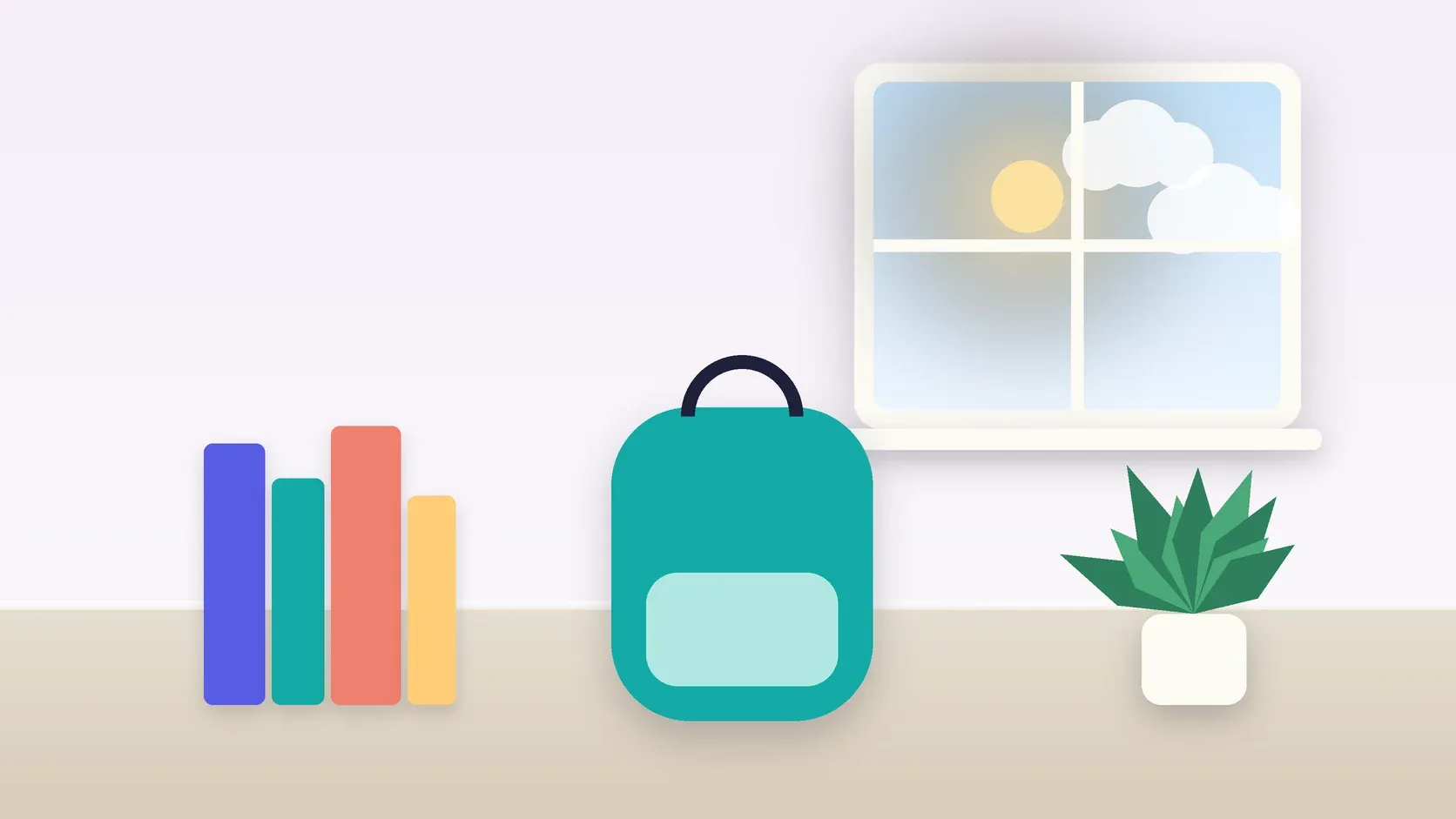 Illustration of a school backpack on the floor beside a stack of books and a plant, under a sunny window