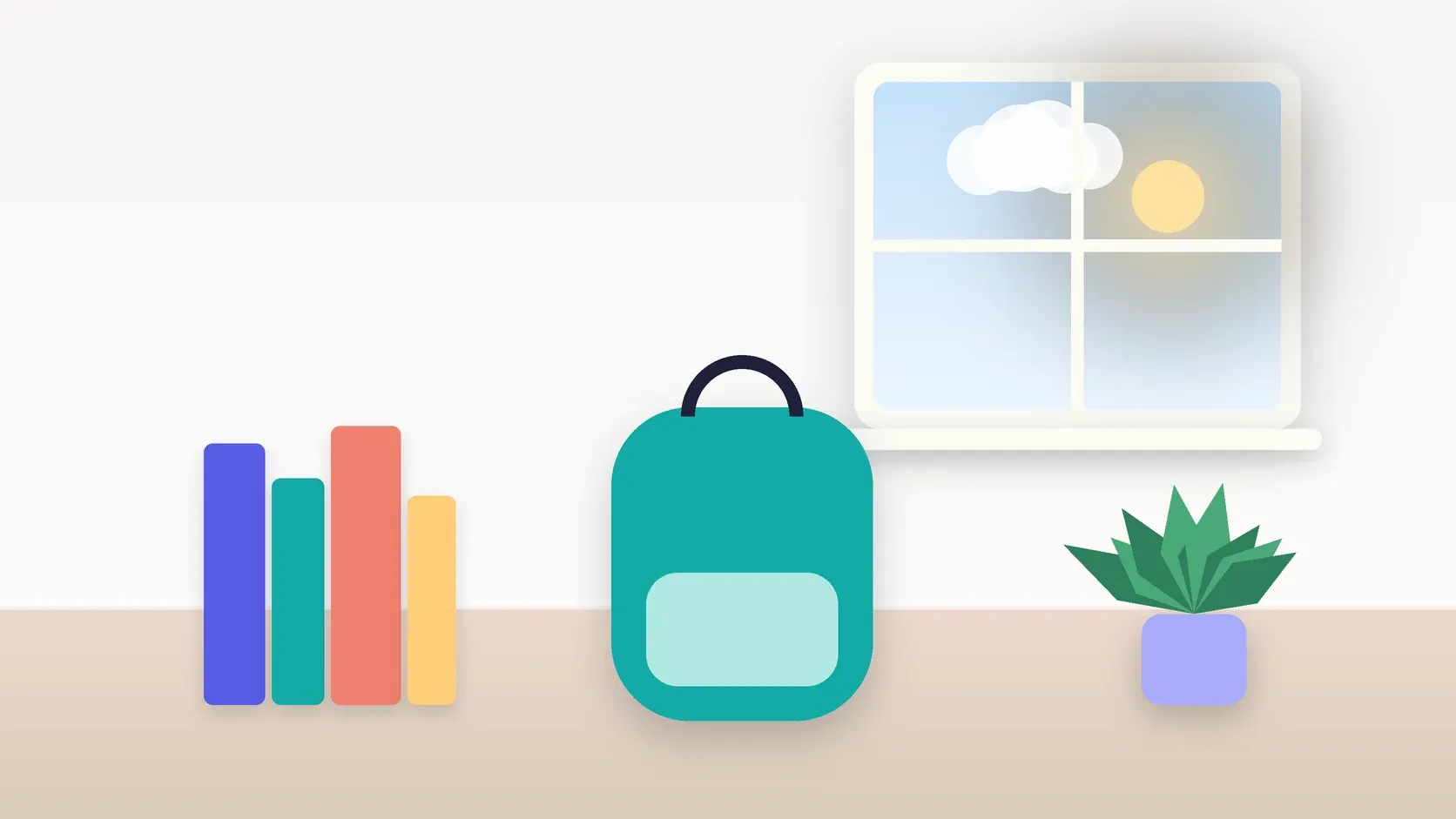 Illustration of a school backpack on the floor beside a stack of books and a plant, under a sunny window