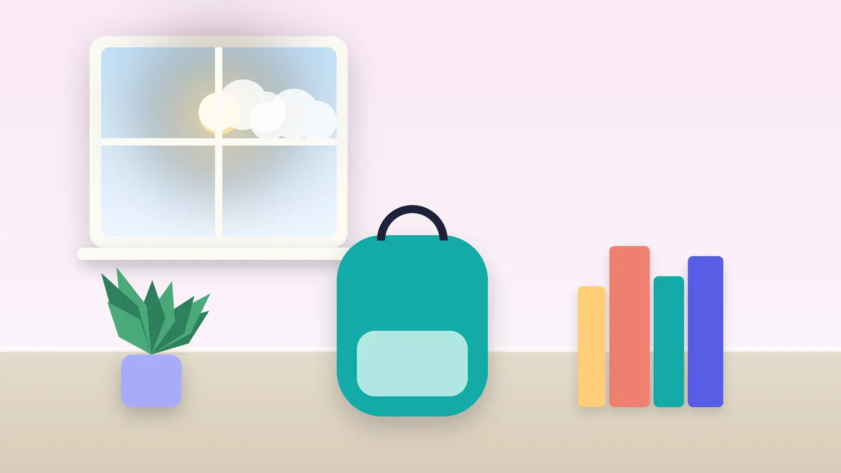 Illustration of a school backpack on the floor beside a stack of books and a plant, under a sunny window