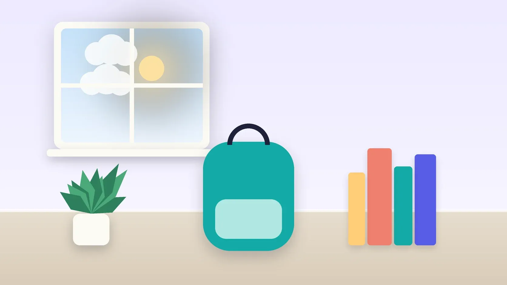 Illustration of a school backpack on the floor beside a stack of books and a plant, under a sunny window