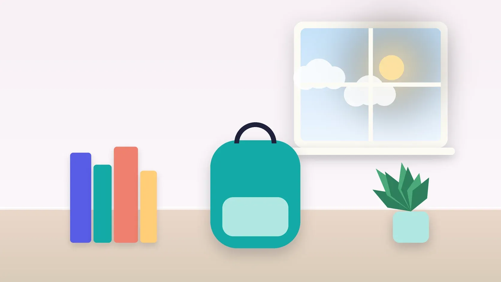 Illustration of a school backpack on the floor beside a stack of books and a plant, under a sunny window