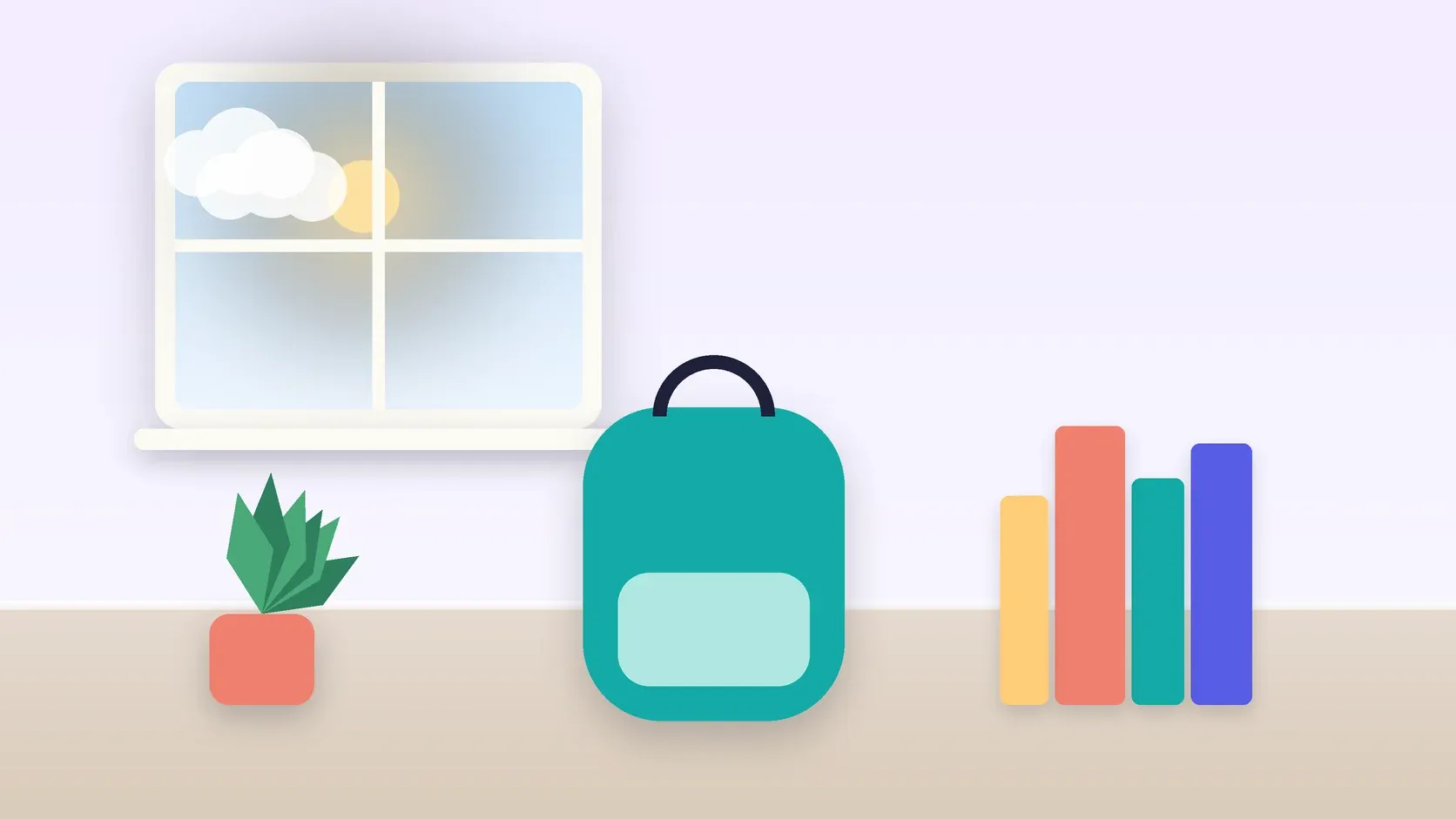 Illustration of a school backpack on the floor beside a stack of books and a plant, under a sunny window