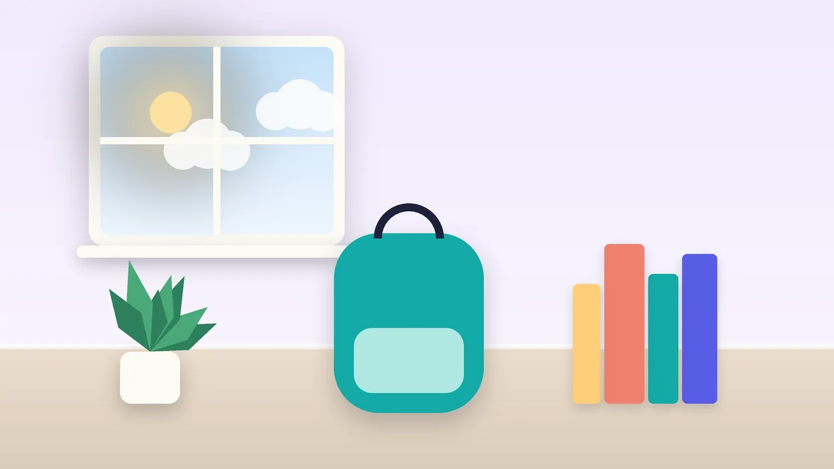 Illustration of a school backpack on the floor beside a stack of books and a plant, under a sunny window