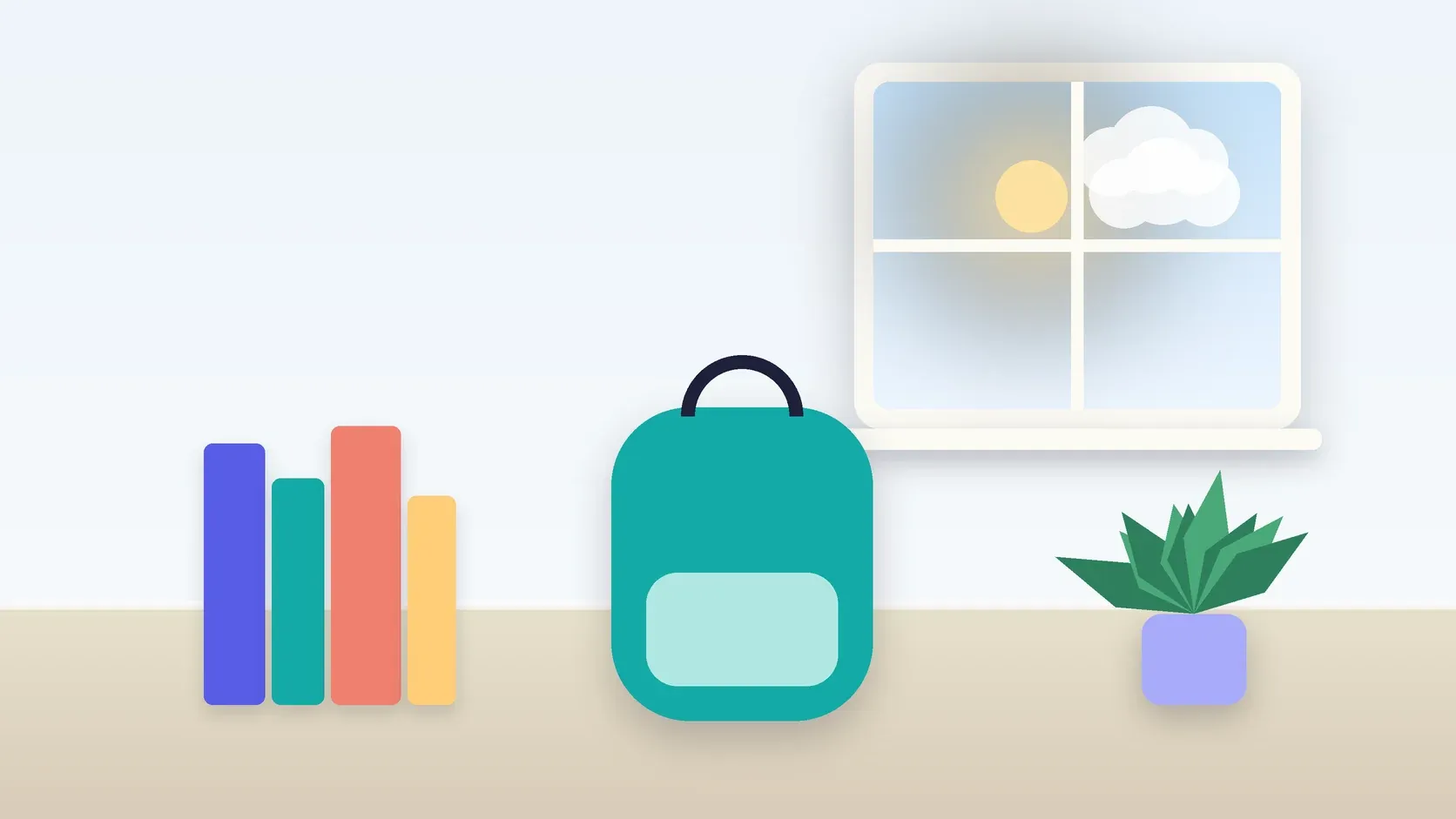 Illustration of a school backpack on the floor beside a stack of books and a plant, under a sunny window