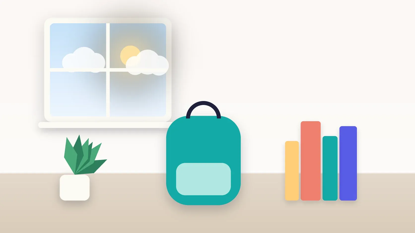 Illustration of a school backpack on the floor beside a stack of books and a plant, under a sunny window