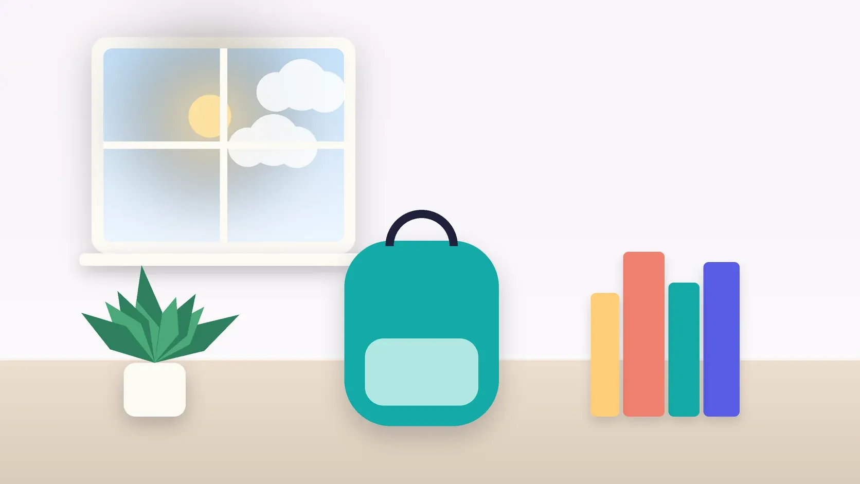 Illustration of a school backpack on the floor beside a stack of books and a plant, under a sunny window