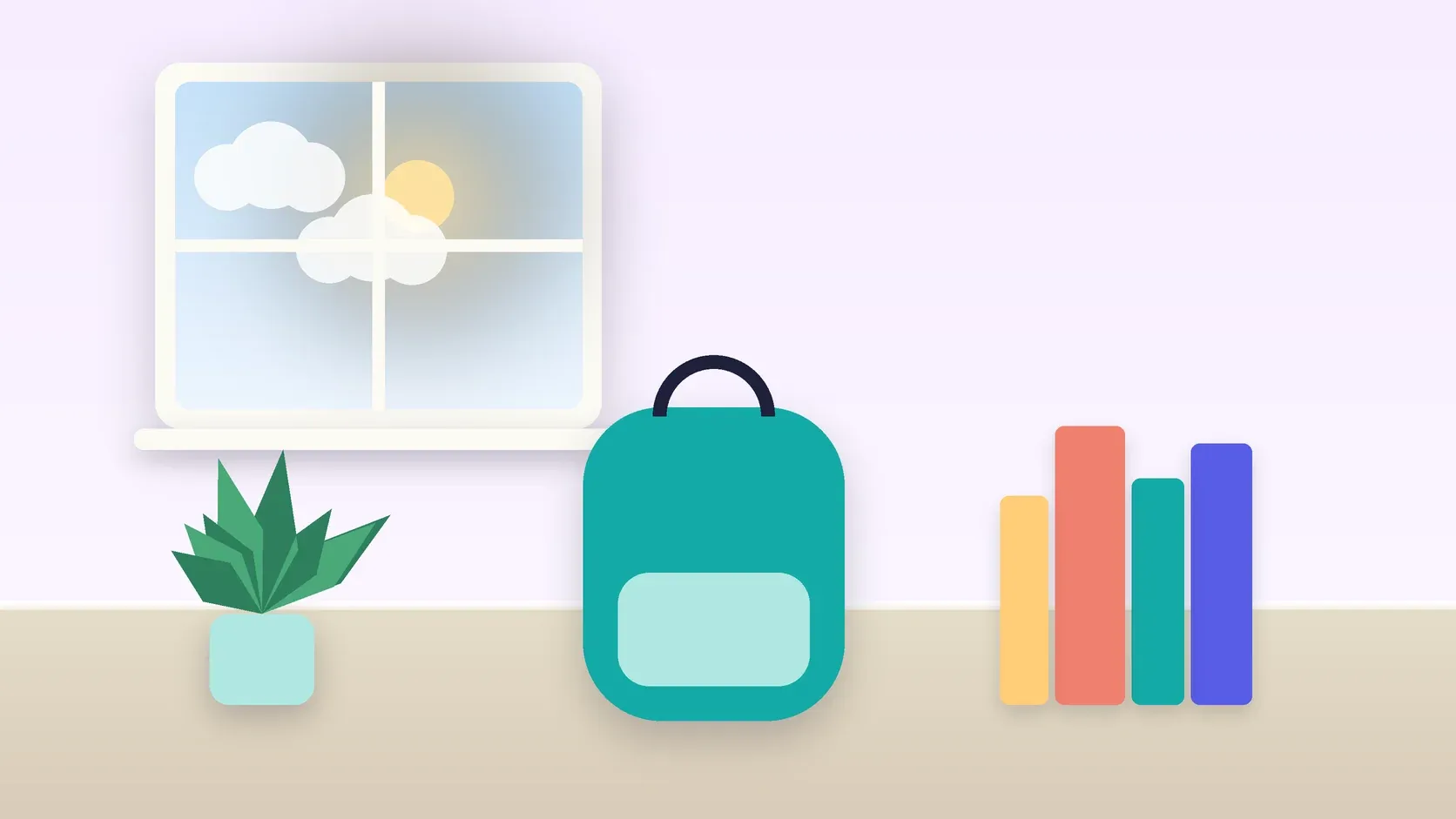 Illustration of a school backpack on the floor beside a stack of books and a plant, under a sunny window