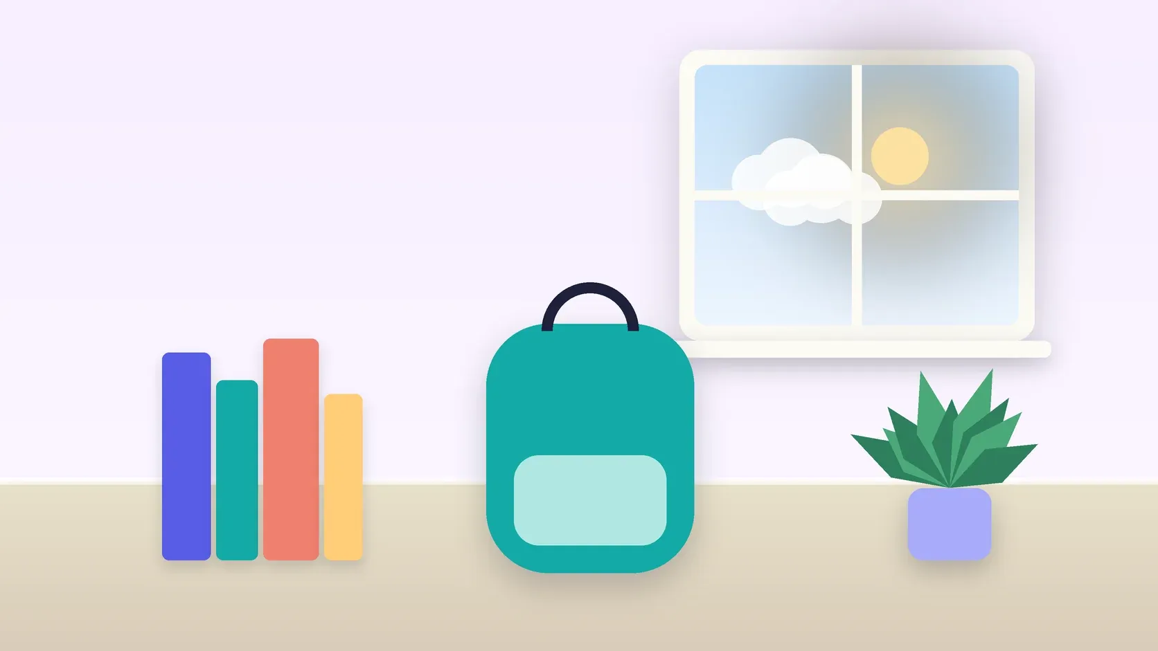 Illustration of a school backpack on the floor beside a stack of books and a plant, under a sunny window