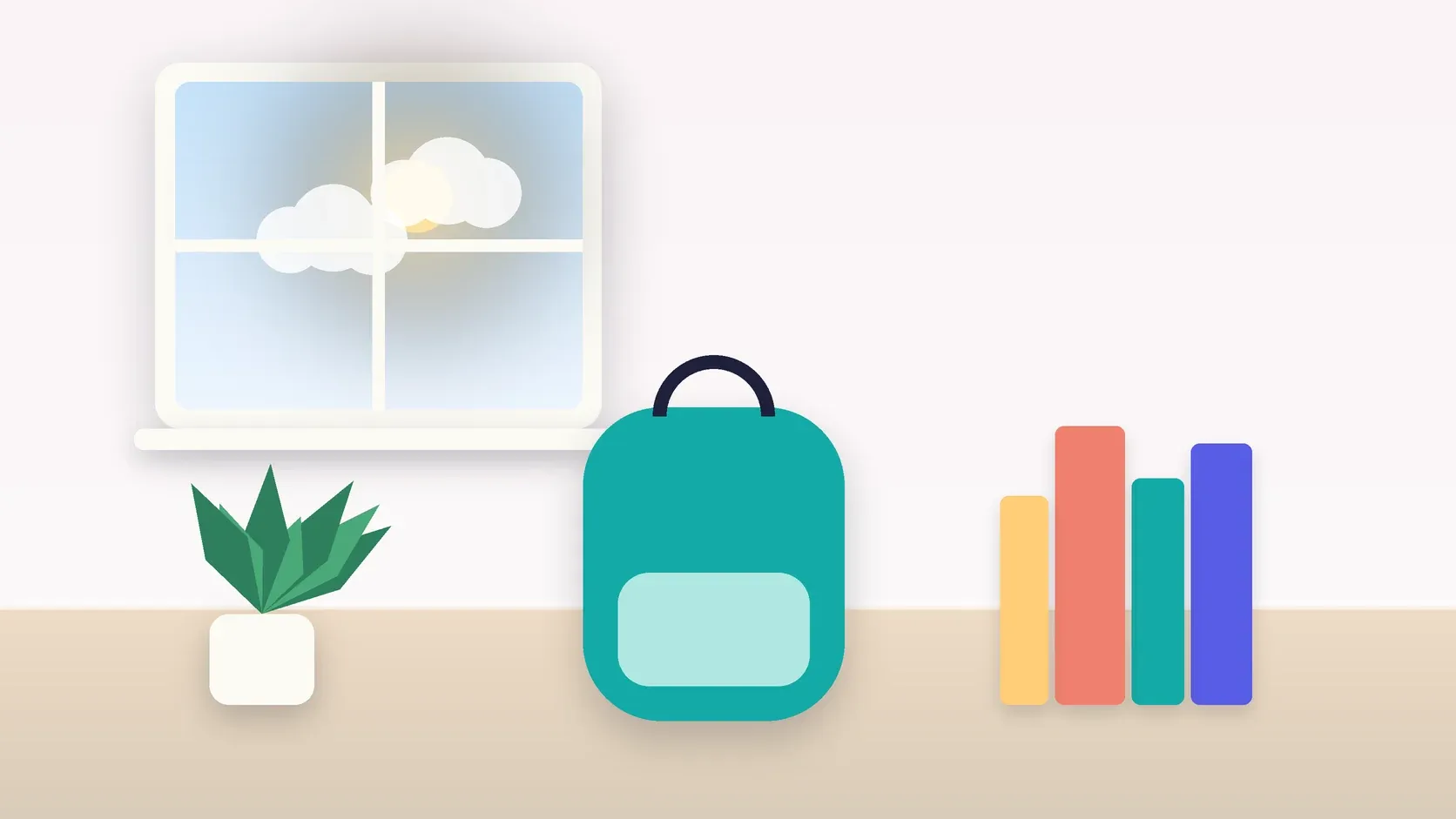 Illustration of a school backpack on the floor beside a stack of books and a plant, under a sunny window