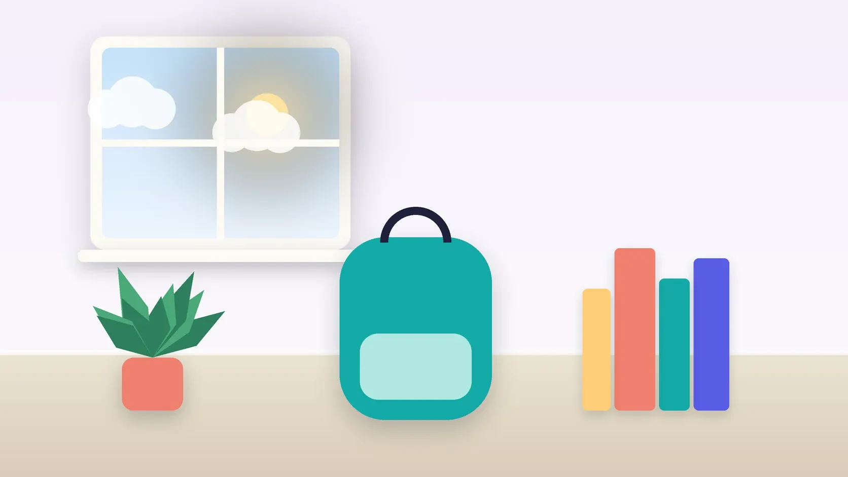 Illustration of a school backpack on the floor beside a stack of books and a plant, under a sunny window