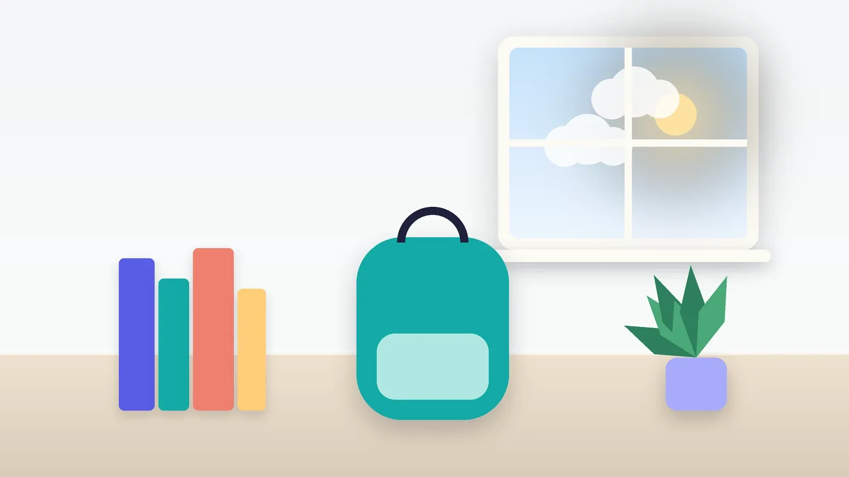 Illustration of a school backpack on the floor beside a stack of books and a plant, under a sunny window