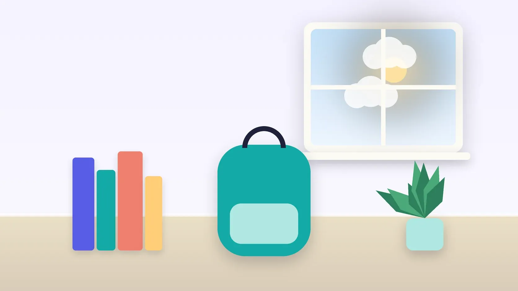 Illustration of a school backpack on the floor beside a stack of books and a plant, under a sunny window