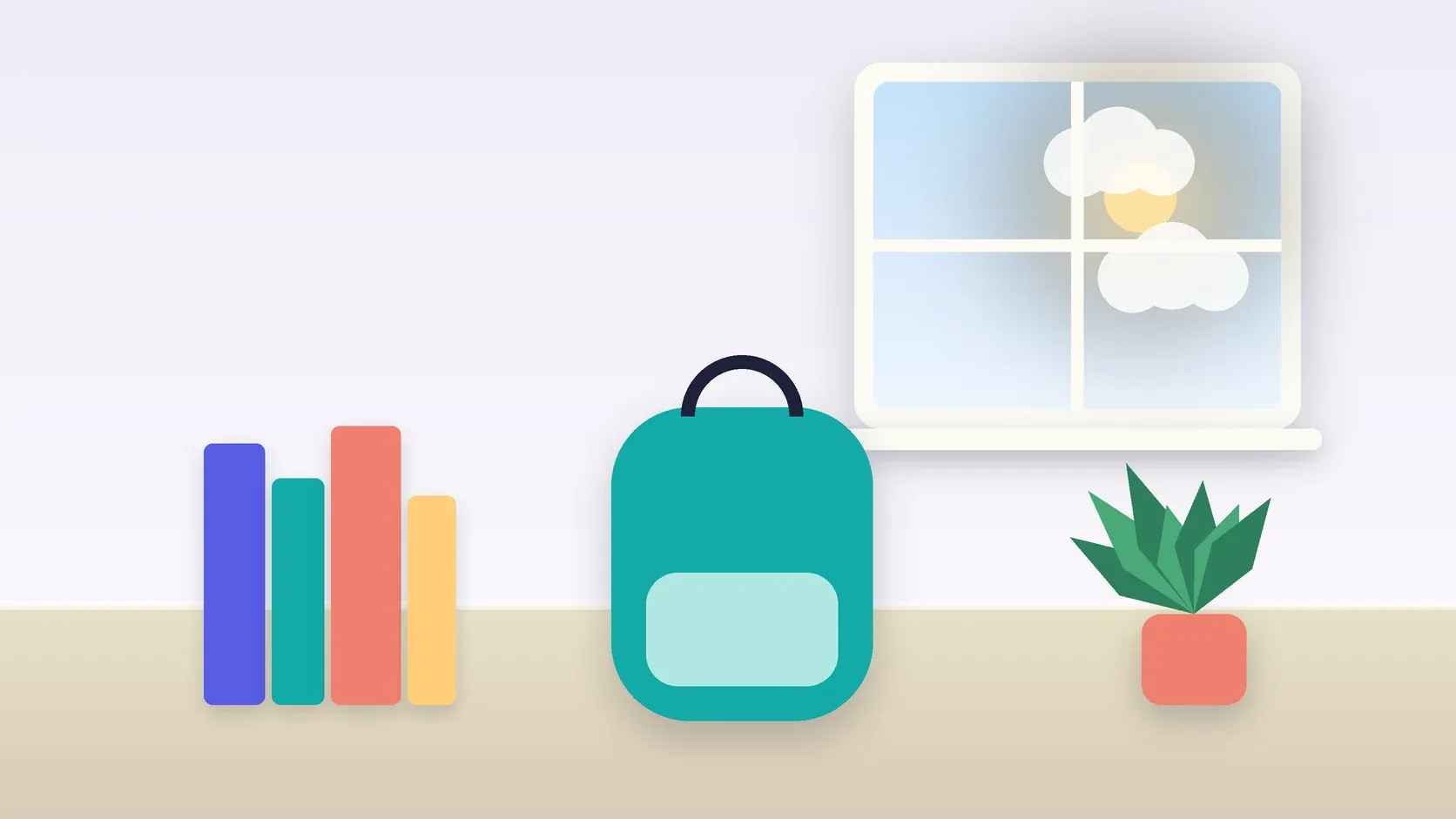 Illustration of a school backpack on the floor beside a stack of books and a plant, under a sunny window