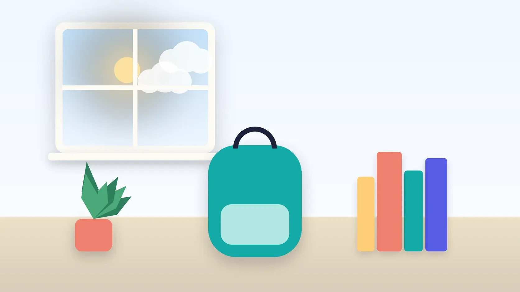 Illustration of a school backpack on the floor beside a stack of books and a plant, under a sunny window