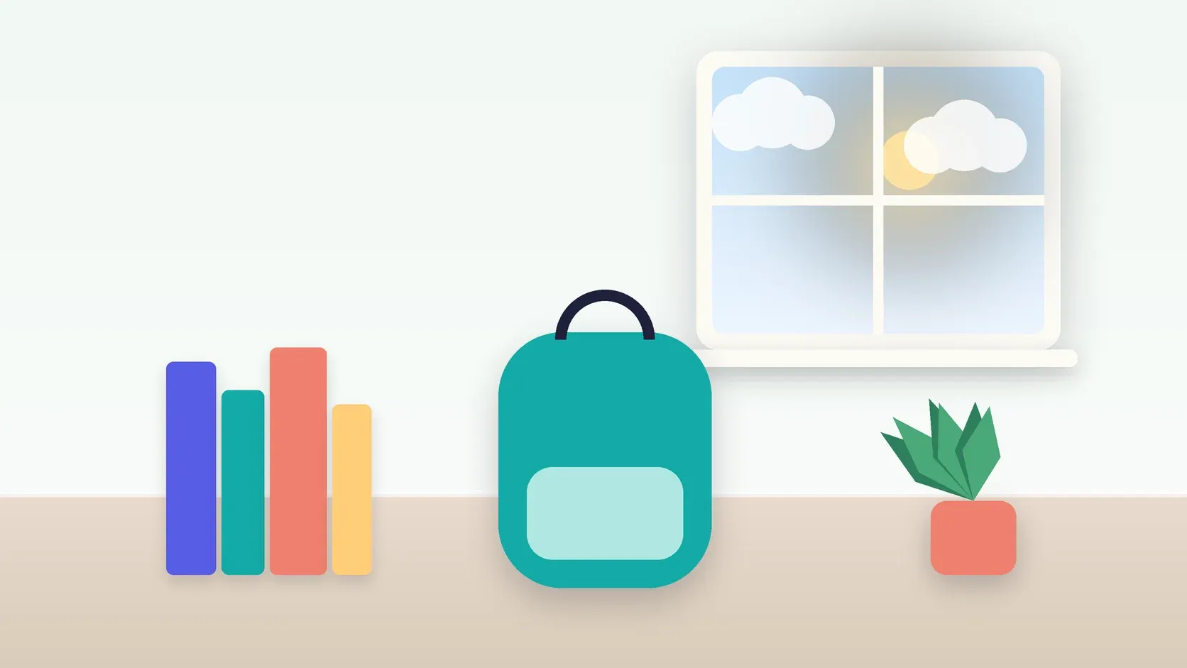 Illustration of a school backpack on the floor beside a stack of books and a plant, under a sunny window