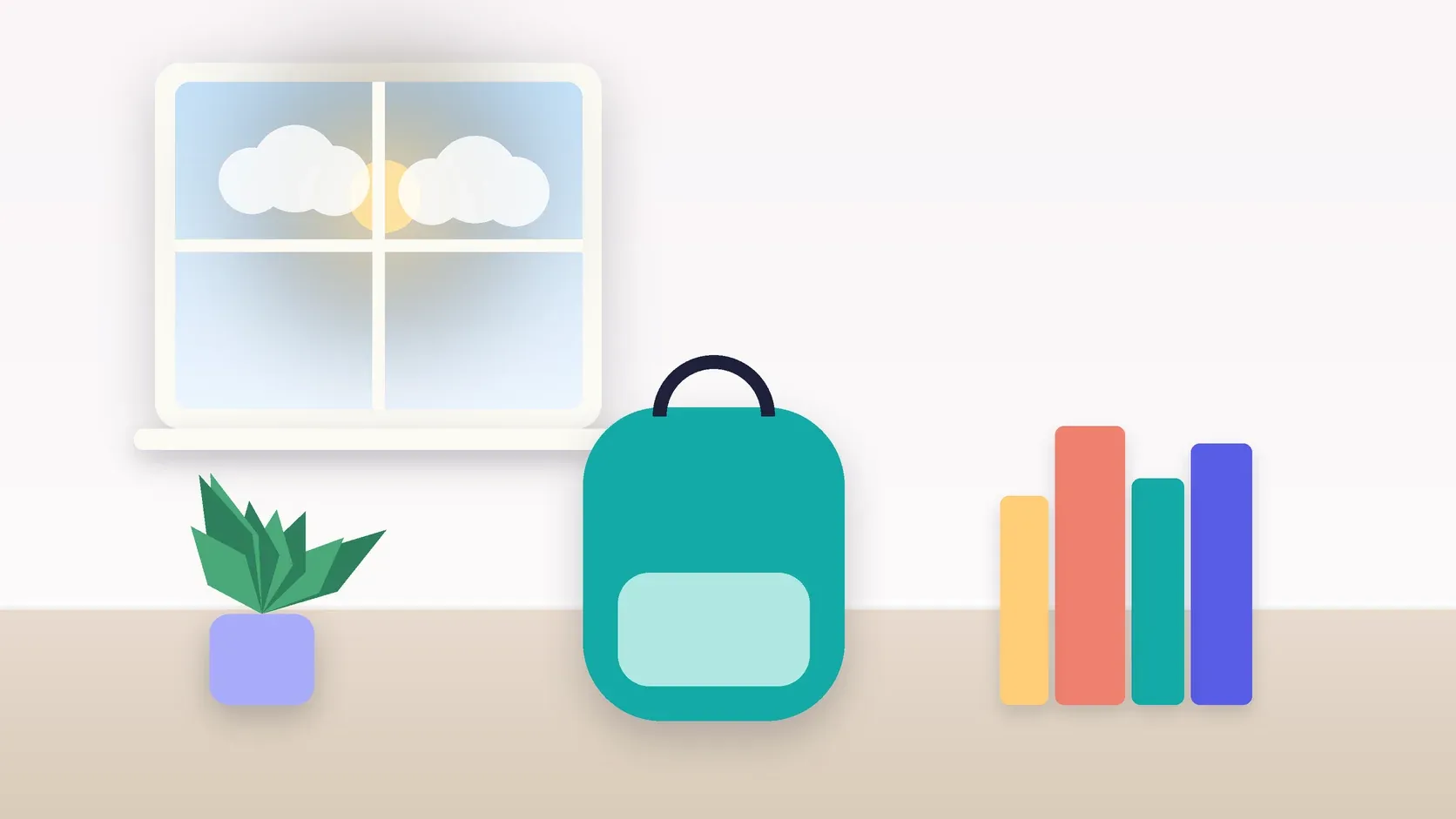Illustration of a school backpack on the floor beside a stack of books and a plant, under a sunny window