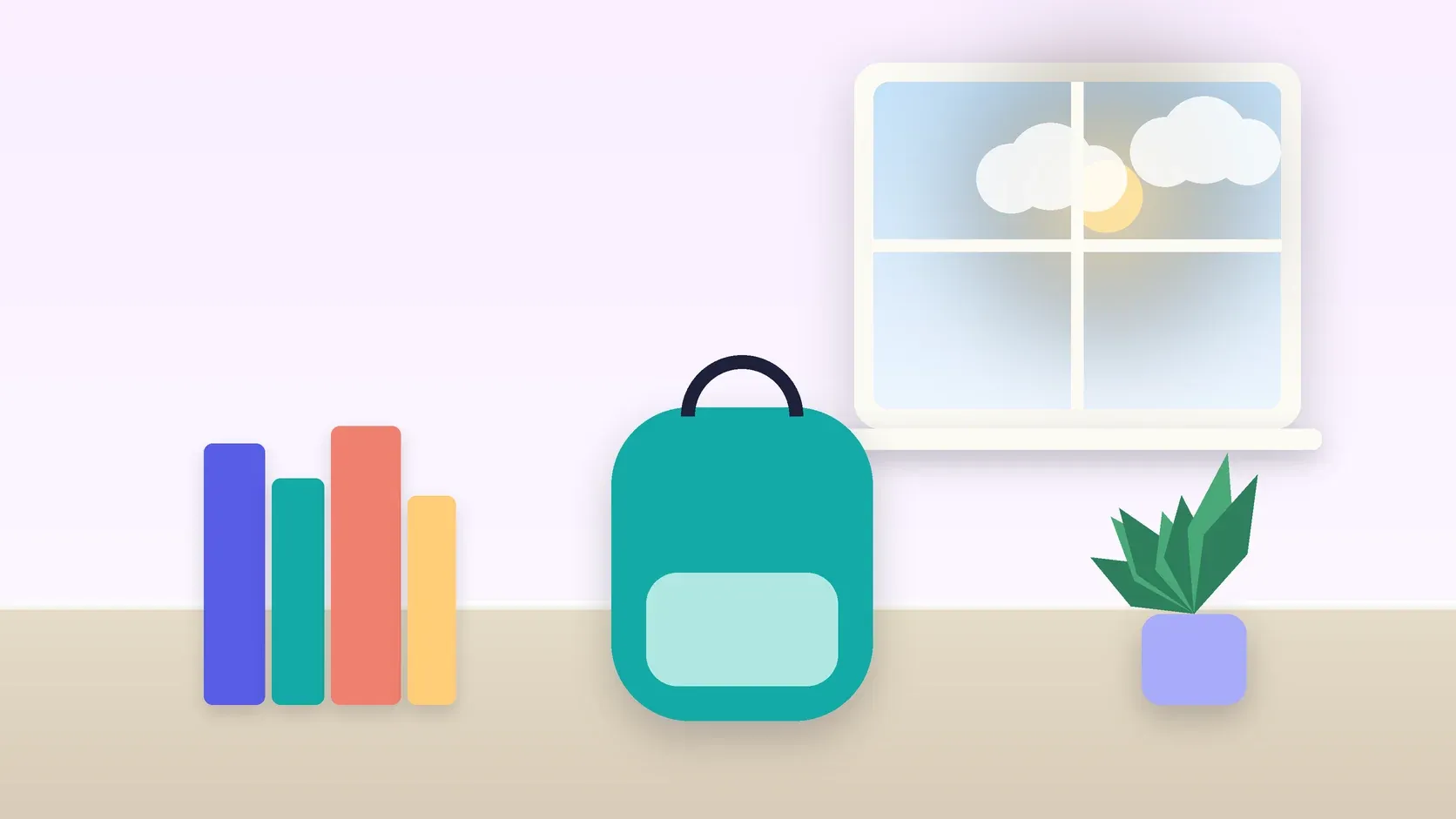 Illustration of a school backpack on the floor beside a stack of books and a plant, under a sunny window