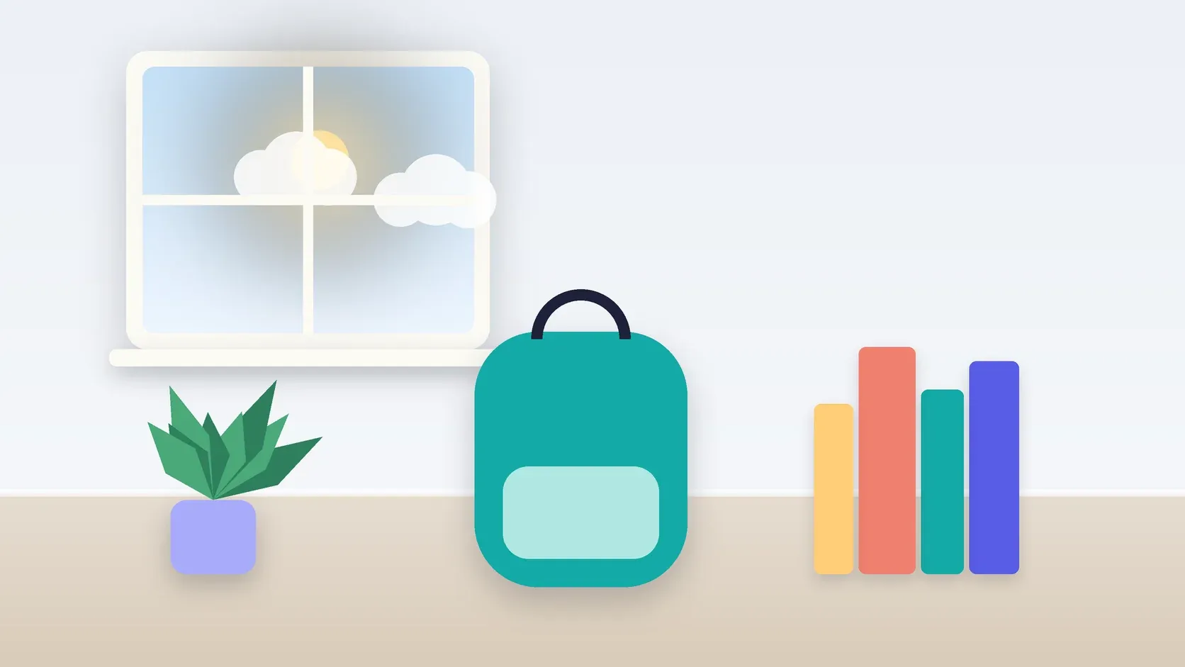 Illustration of a school backpack on the floor beside a stack of books and a plant, under a sunny window