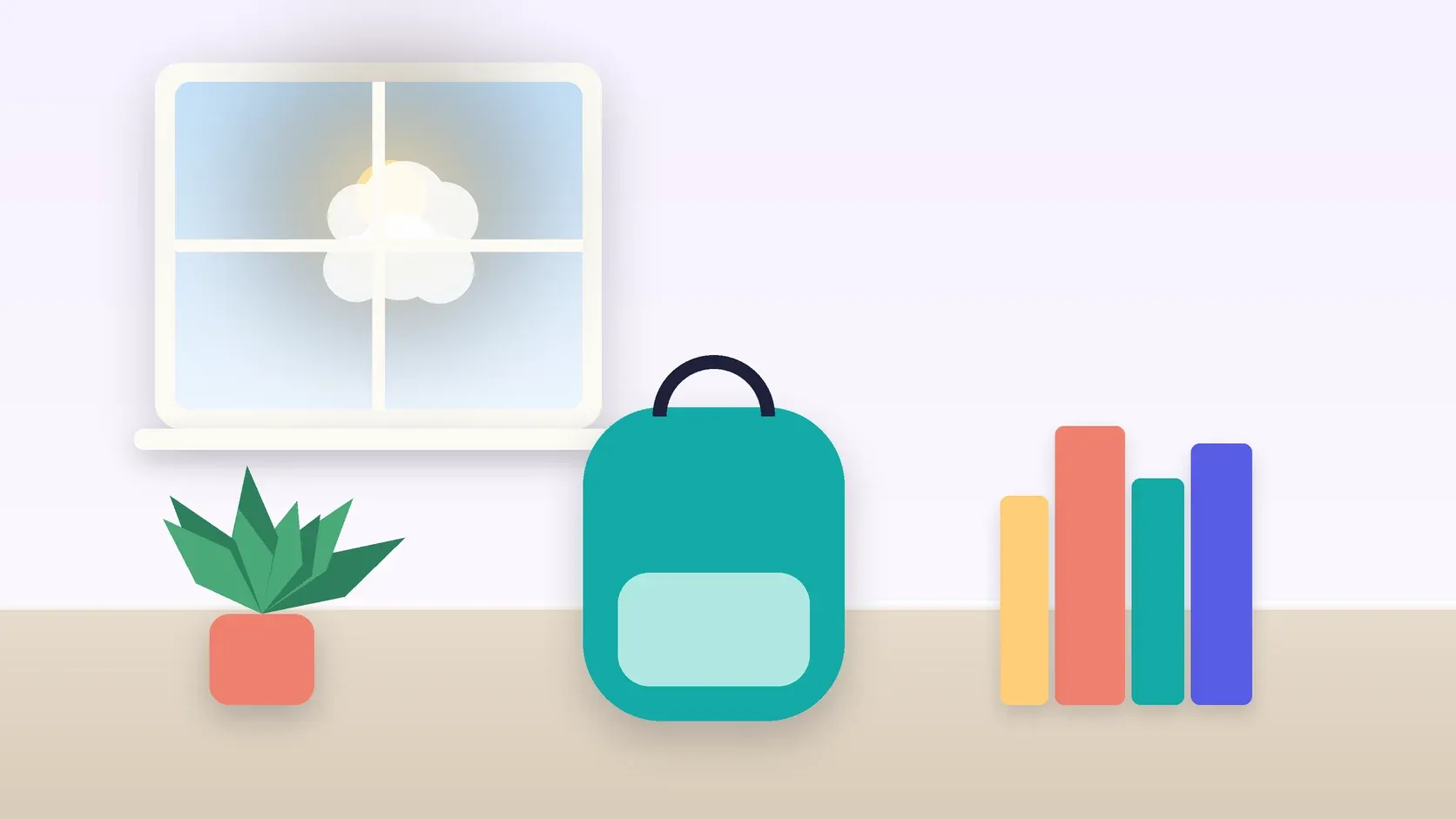 Illustration of a school backpack on the floor beside a stack of books and a plant, under a sunny window