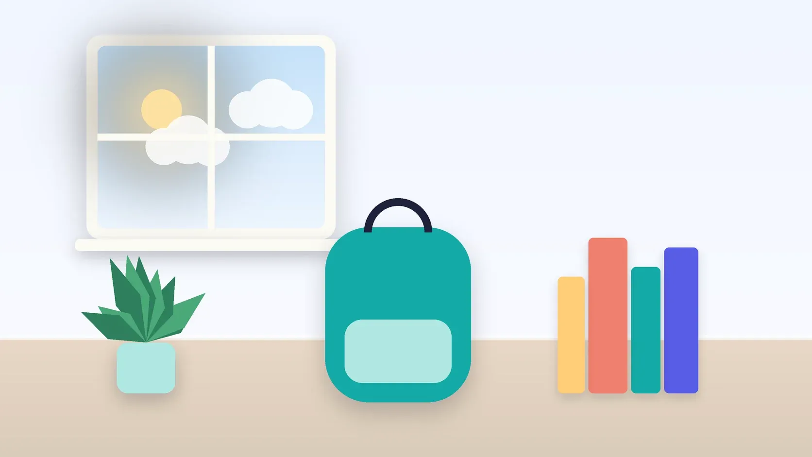 Illustration of a school backpack on the floor beside a stack of books and a plant, under a sunny window