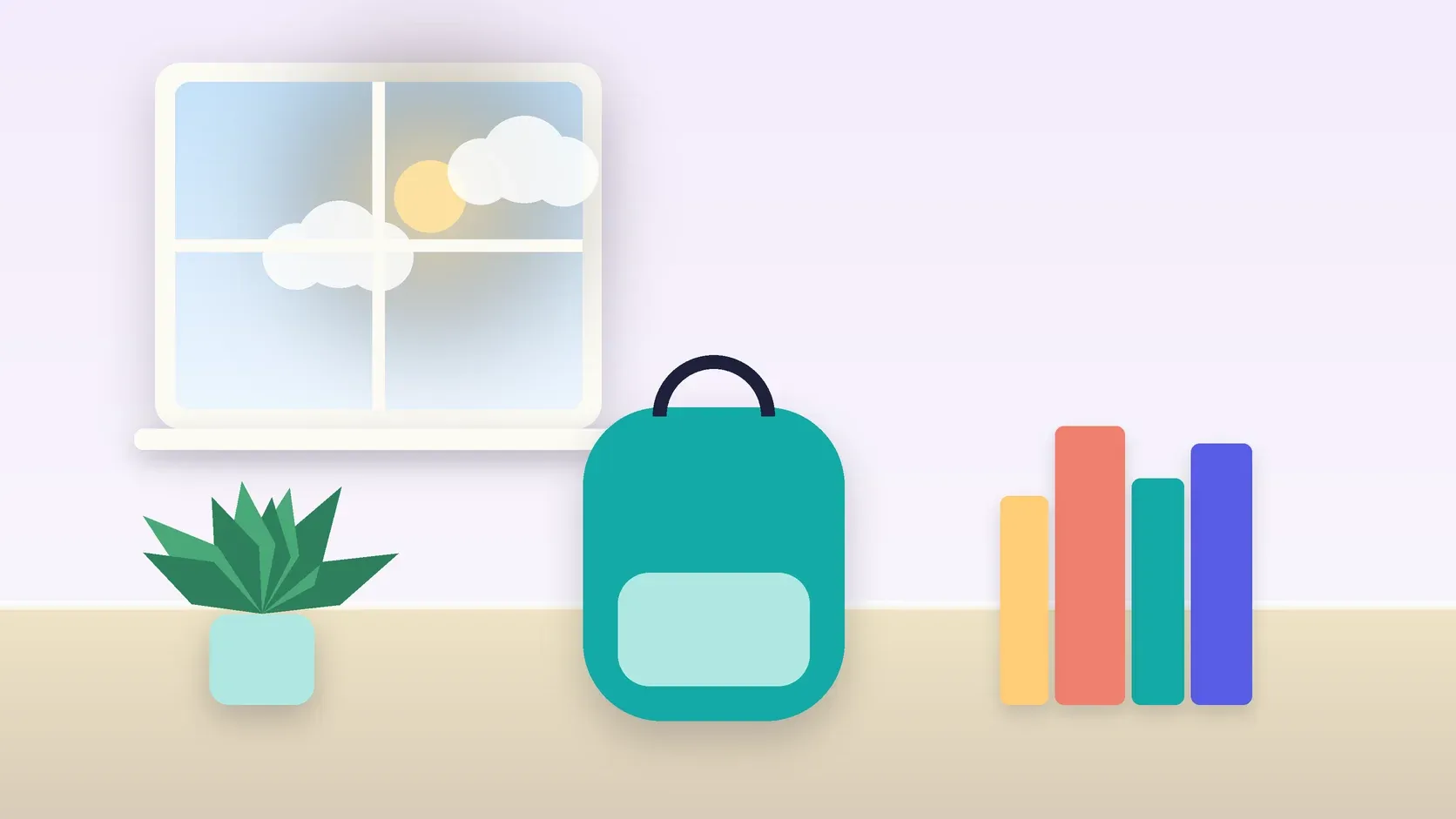 Illustration of a school backpack on the floor beside a stack of books and a plant, under a sunny window