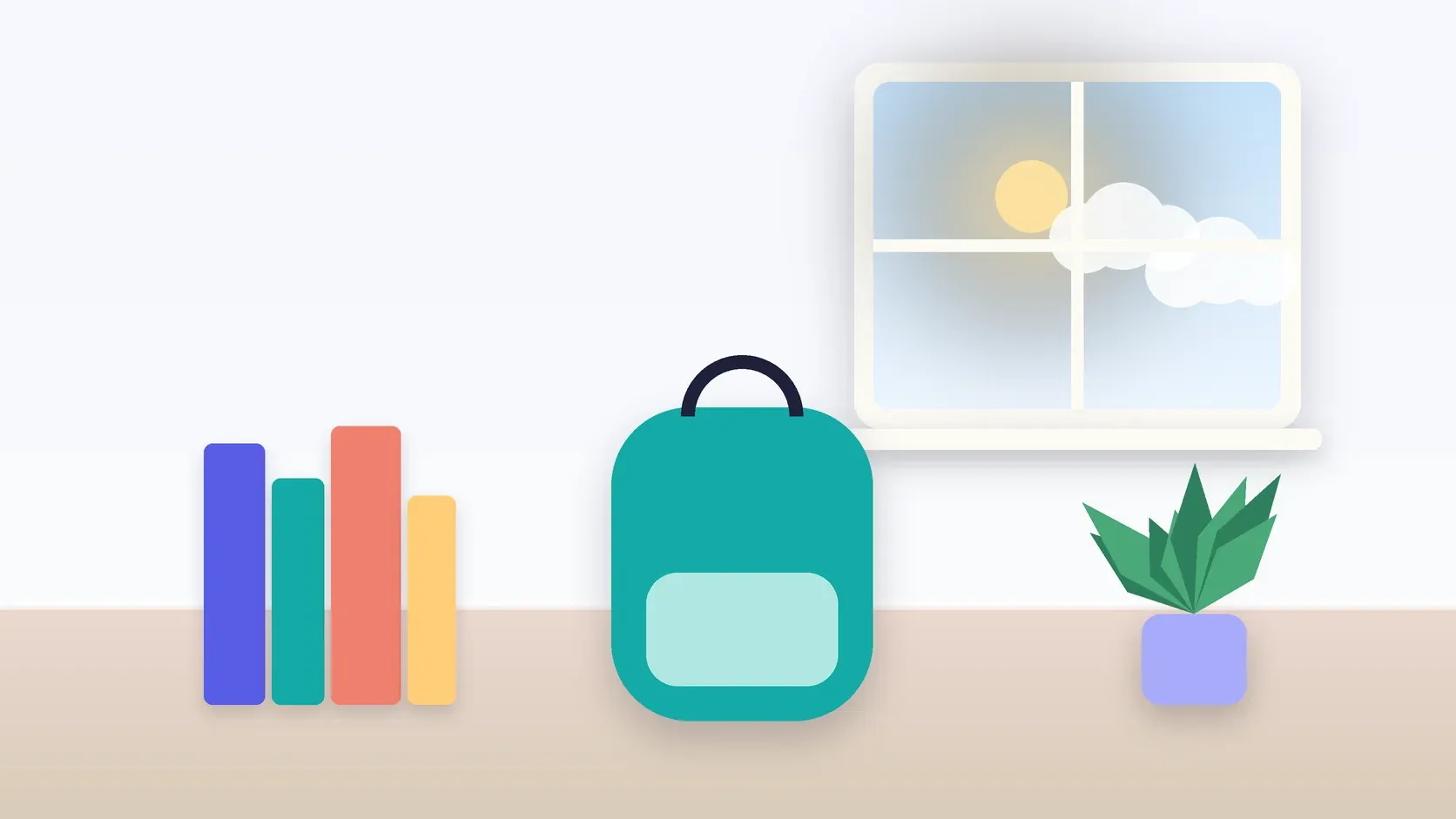 Illustration of a school backpack on the floor beside a stack of books and a plant, under a sunny window