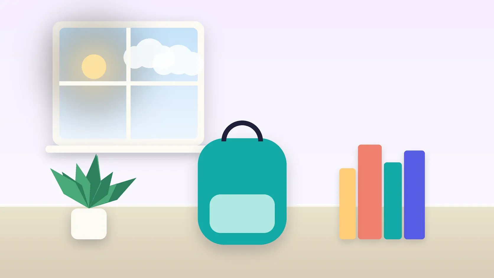 Illustration of a school backpack on the floor beside a stack of books and a plant, under a sunny window