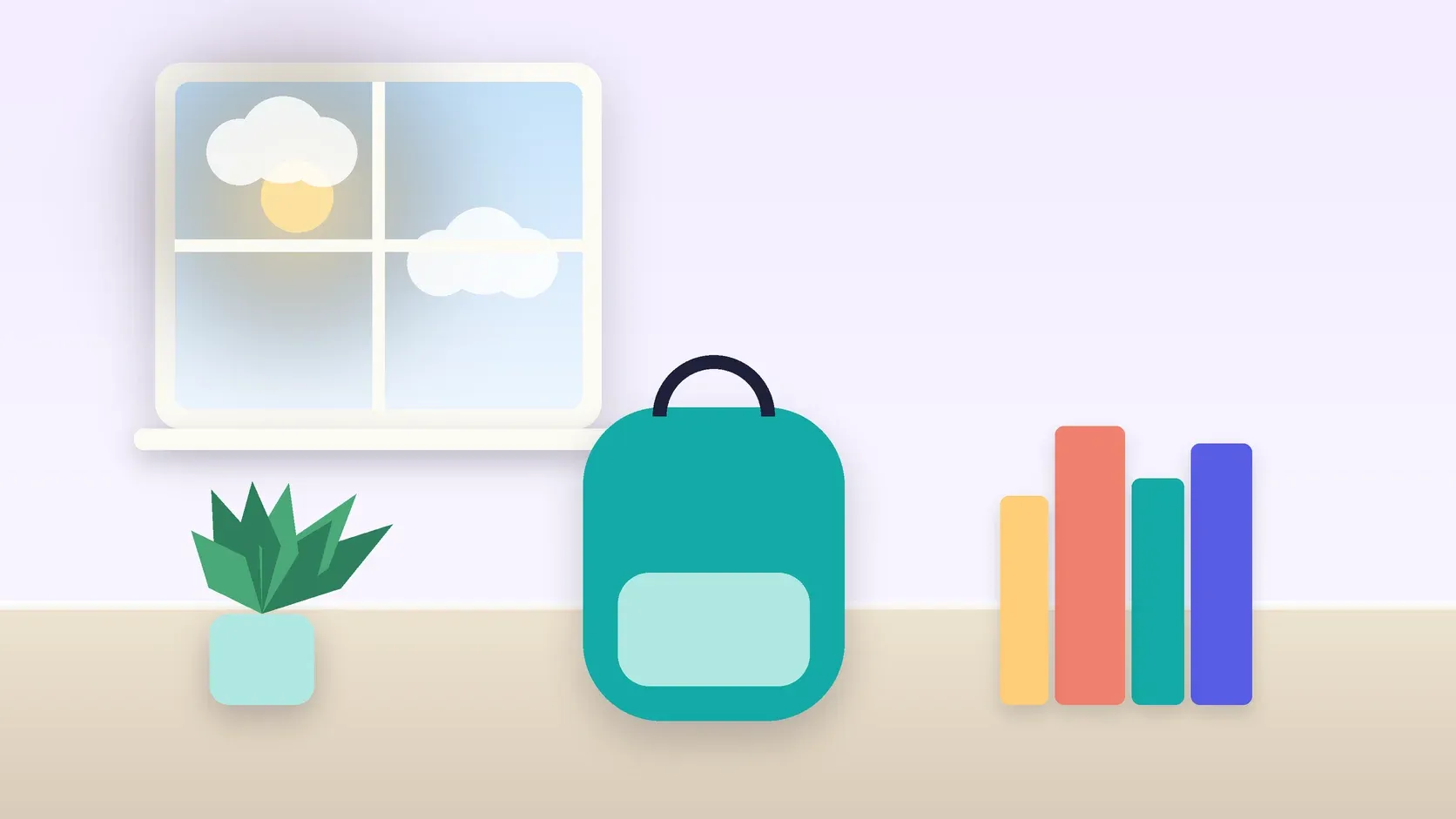 Illustration of a school backpack on the floor beside a stack of books and a plant, under a sunny window