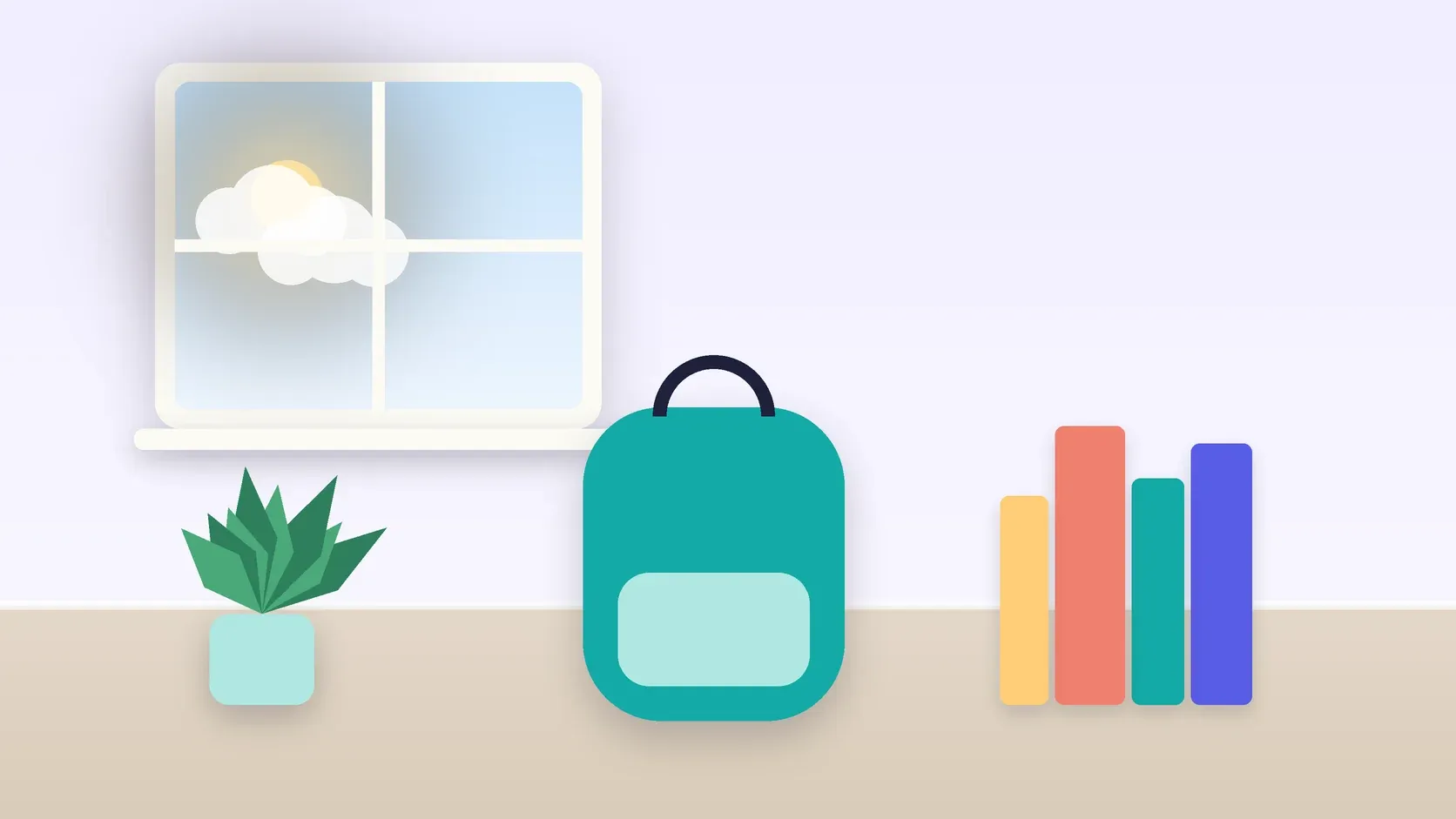 Illustration of a school backpack on the floor beside a stack of books and a plant, under a sunny window