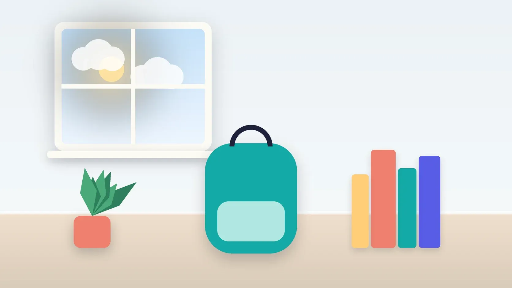 Illustration of a school backpack on the floor beside a stack of books and a plant, under a sunny window