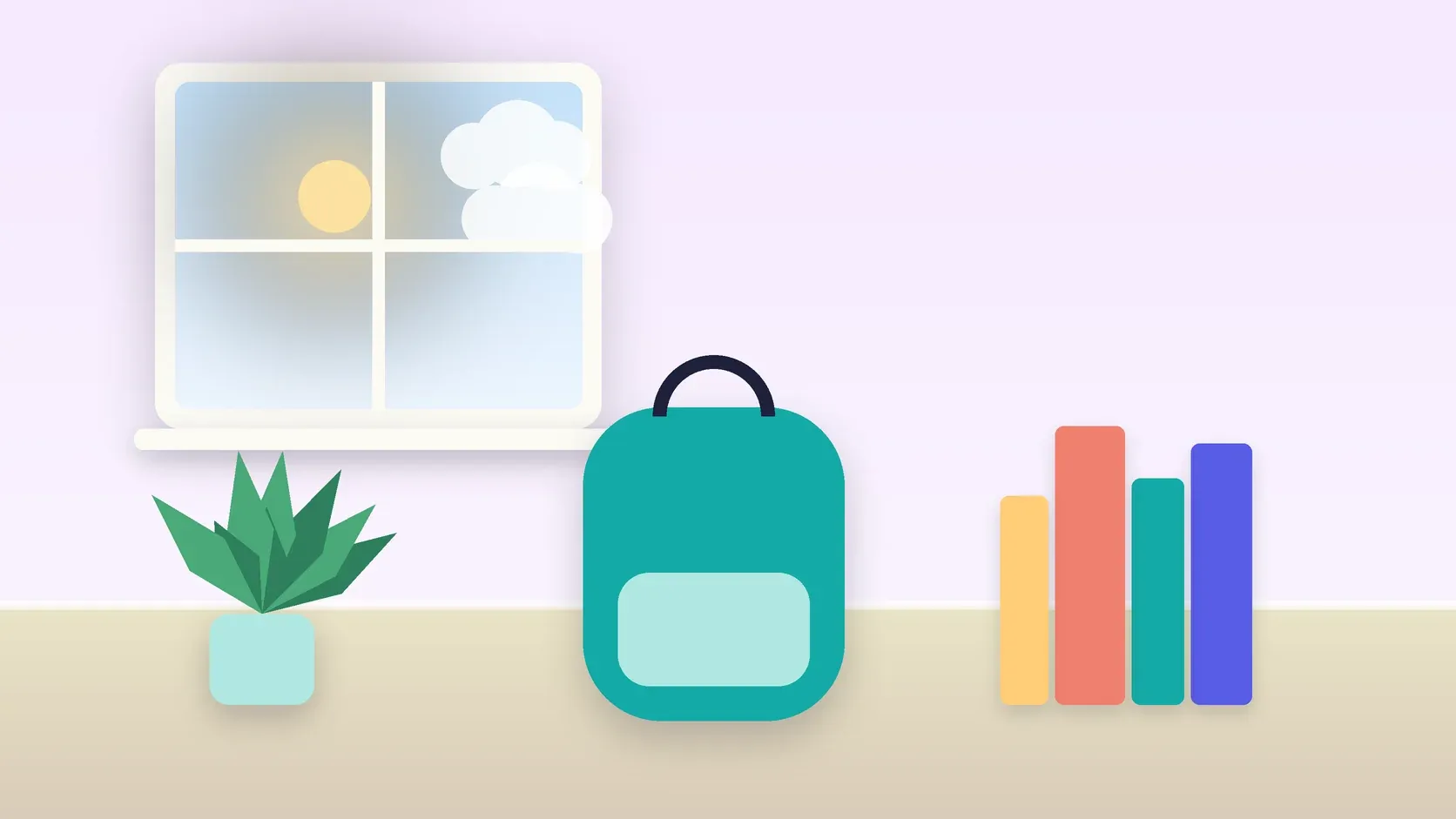 Illustration of a school backpack on the floor beside a stack of books and a plant, under a sunny window