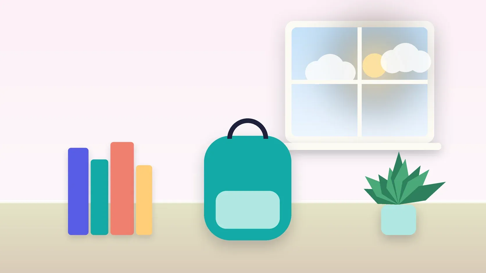 Illustration of a school backpack on the floor beside a stack of books and a plant, under a sunny window