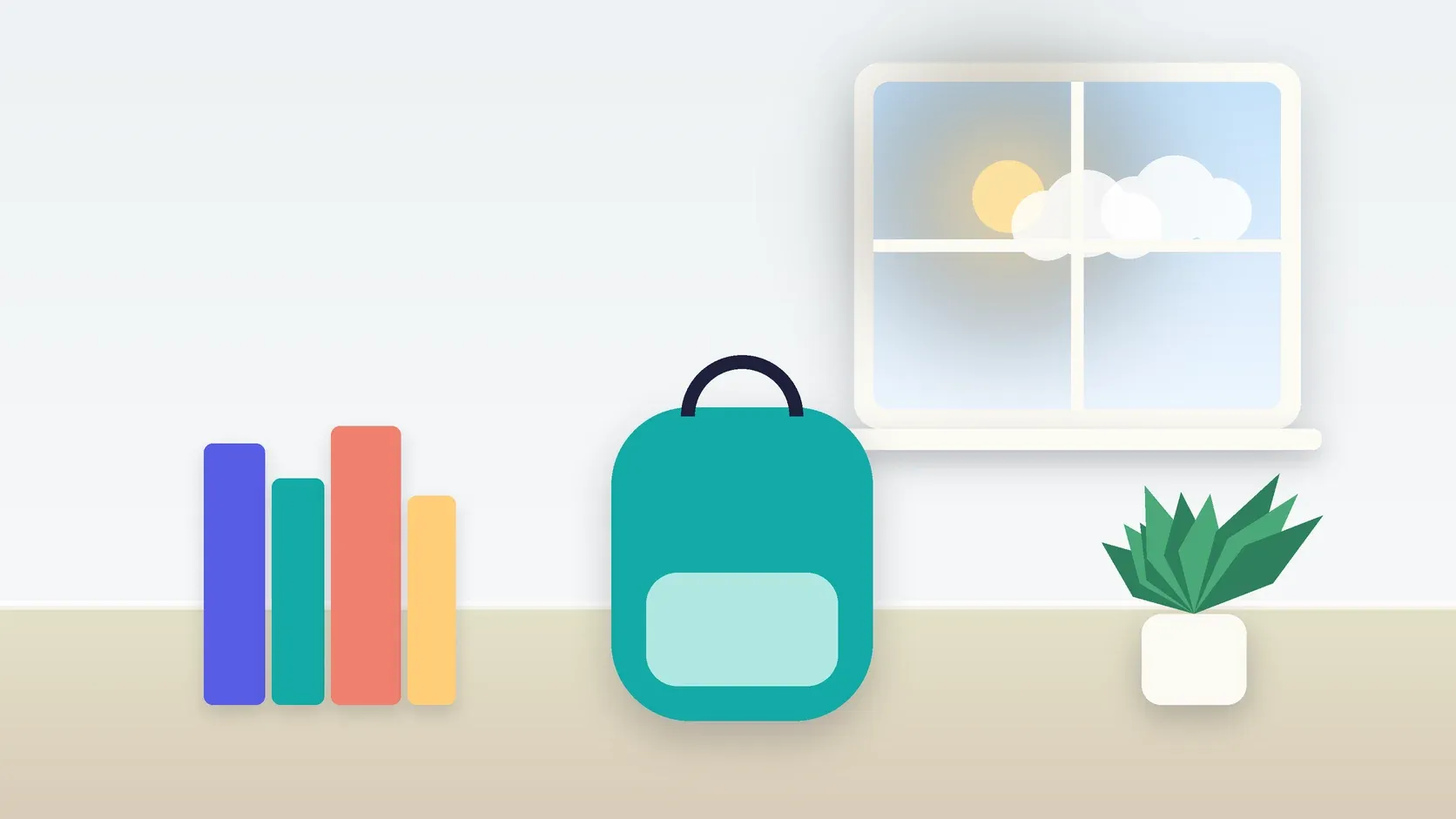 Illustration of a school backpack on the floor beside a stack of books and a plant, under a sunny window