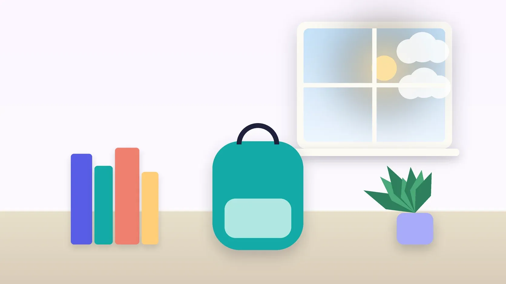 Illustration of a school backpack on the floor beside a stack of books and a plant, under a sunny window