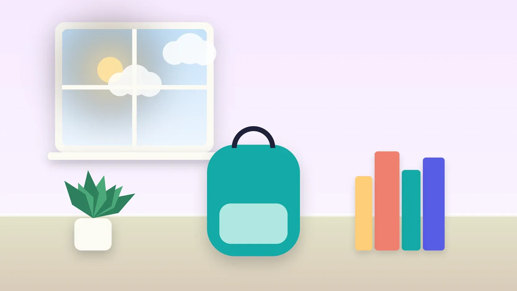 Illustration of a school backpack on the floor beside a stack of books and a plant, under a sunny window