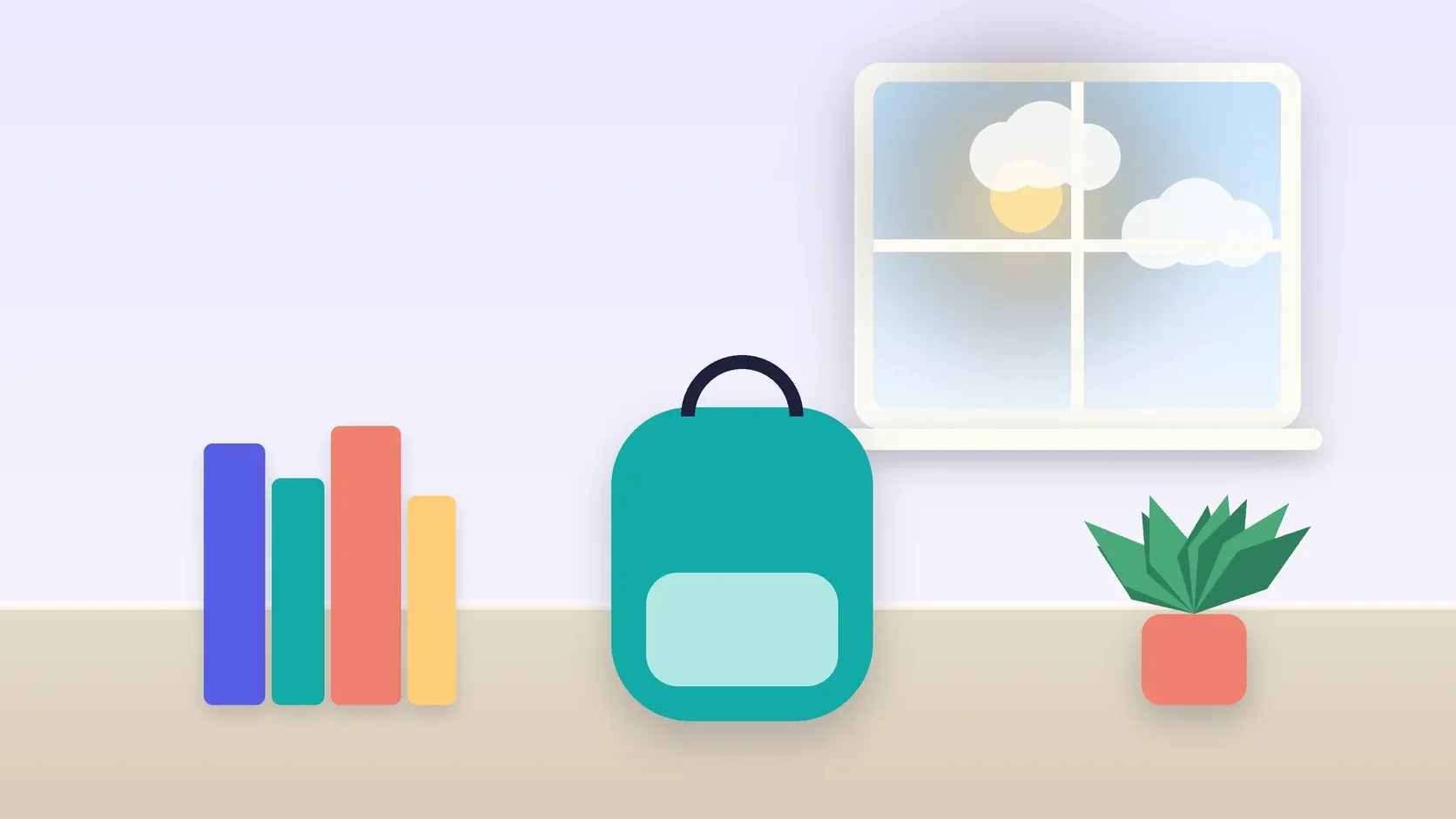 Illustration of a school backpack on the floor beside a stack of books and a plant, under a sunny window