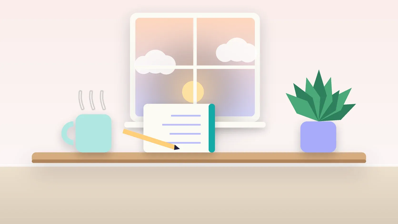 Illustration of morning light rising through a window above a desk with a plant, a notebook and a warm mug