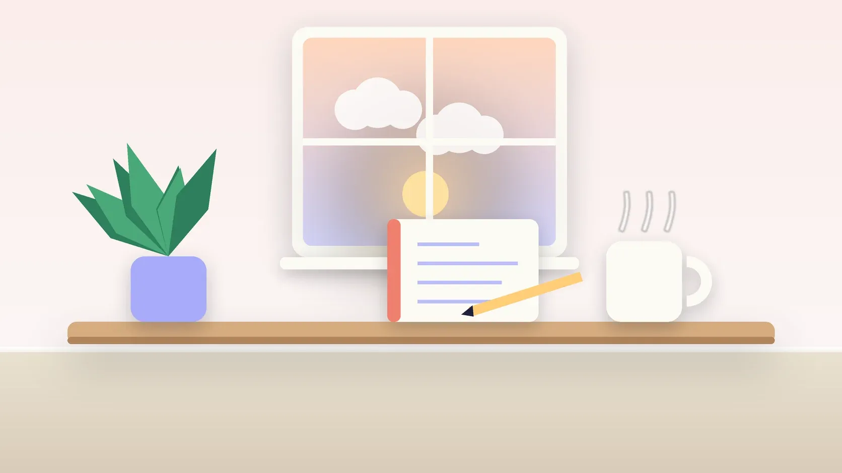 Illustration of morning light rising through a window above a desk with a plant, a notebook and a warm mug