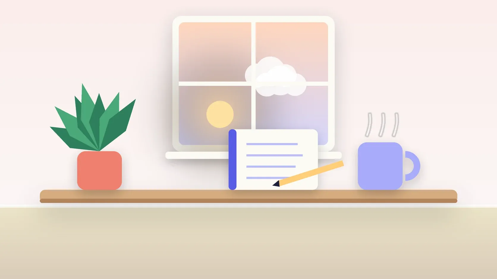 Illustration of morning light rising through a window above a desk with a plant, a notebook and a warm mug