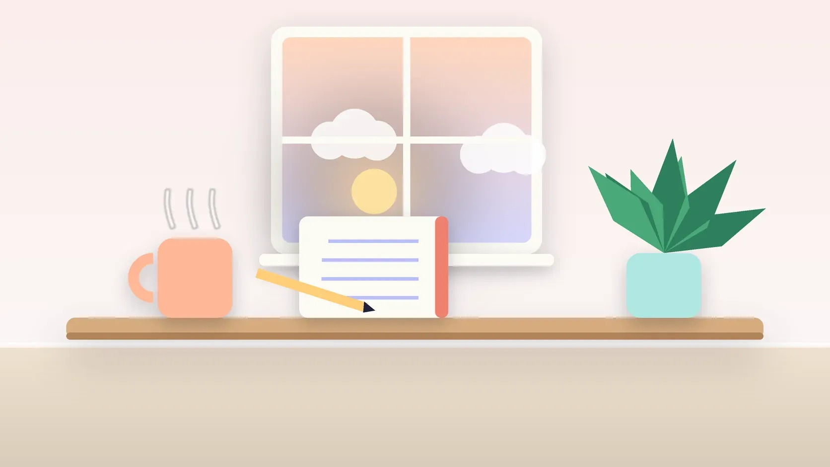 Illustration of morning light rising through a window above a desk with a plant, a notebook and a warm mug