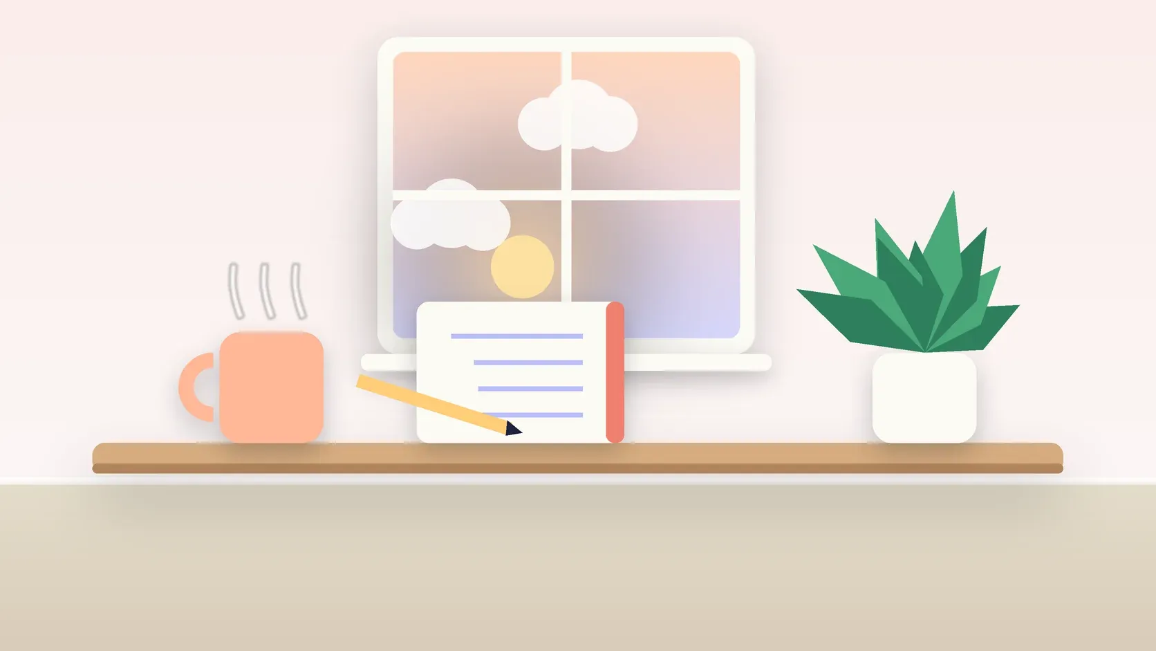 Illustration of morning light rising through a window above a desk with a plant, a notebook and a warm mug