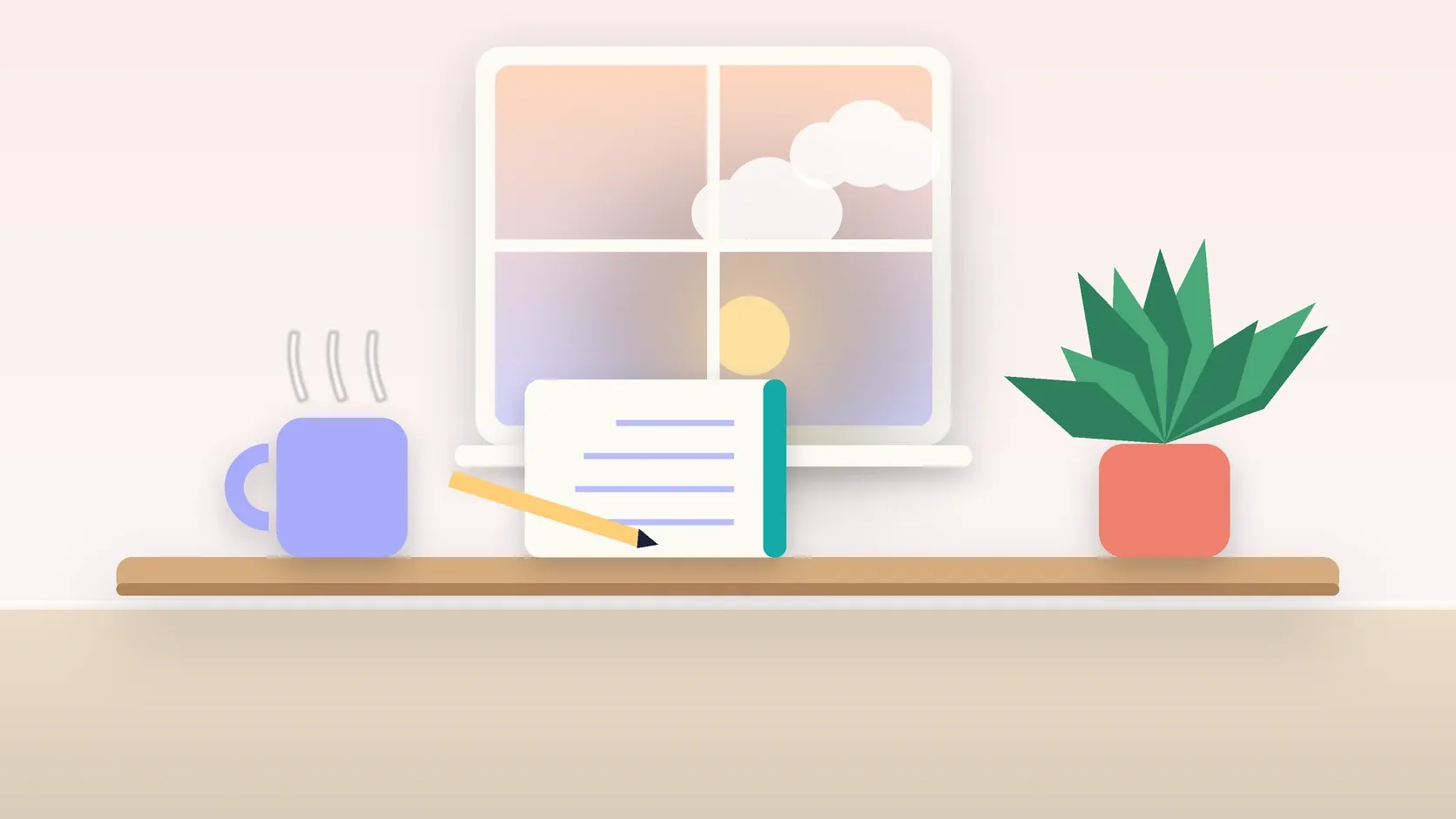 Illustration of morning light rising through a window above a desk with a plant, a notebook and a warm mug