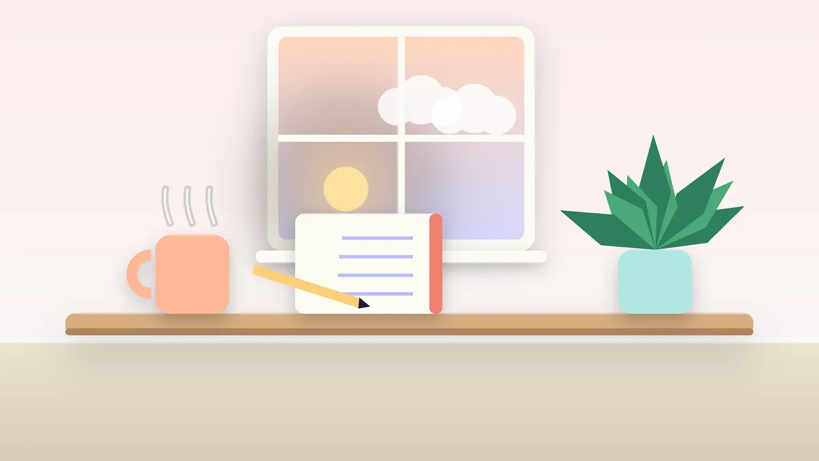 Illustration of morning light rising through a window above a desk with a plant, a notebook and a warm mug