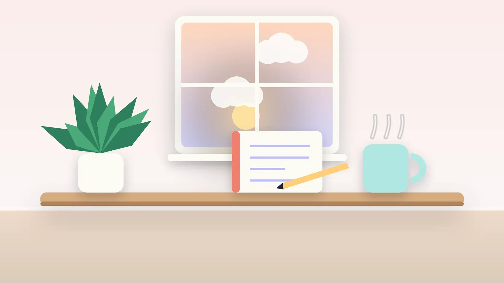 Illustration of morning light rising through a window above a desk with a plant, a notebook and a warm mug