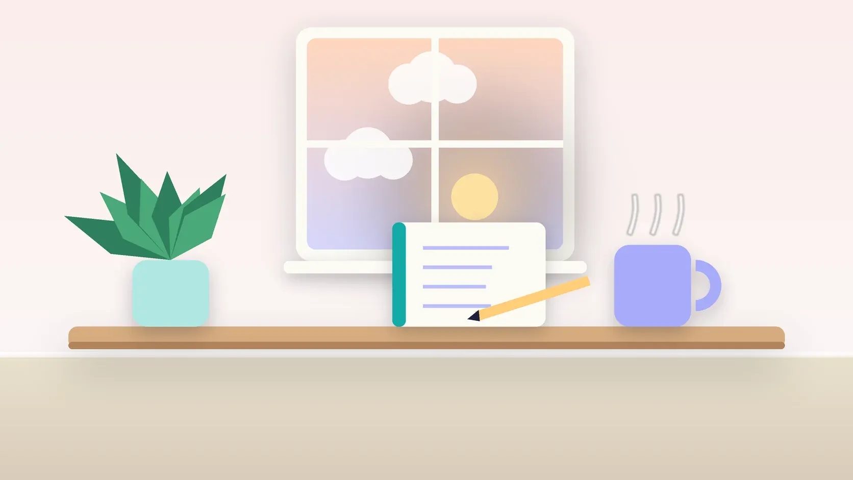 Illustration of morning light rising through a window above a desk with a plant, a notebook and a warm mug