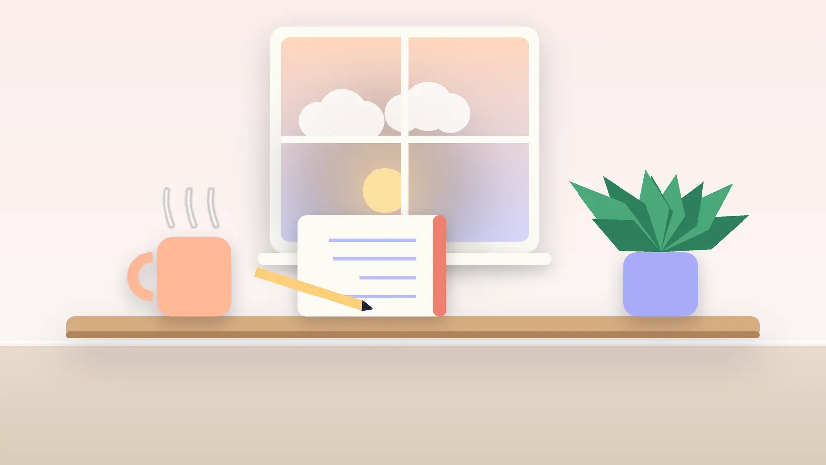 Illustration of morning light rising through a window above a desk with a plant, a notebook and a warm mug