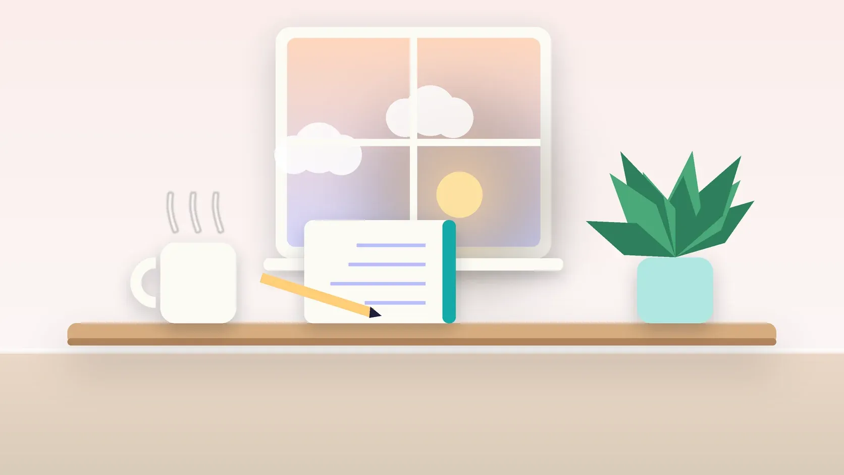 Illustration of morning light rising through a window above a desk with a plant, a notebook and a warm mug