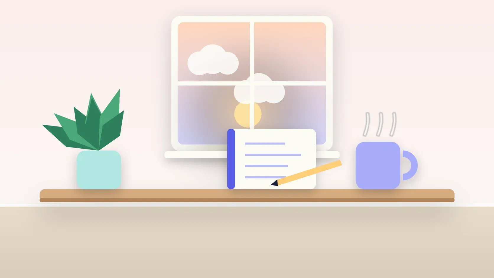 Illustration of morning light rising through a window above a desk with a plant, a notebook and a warm mug