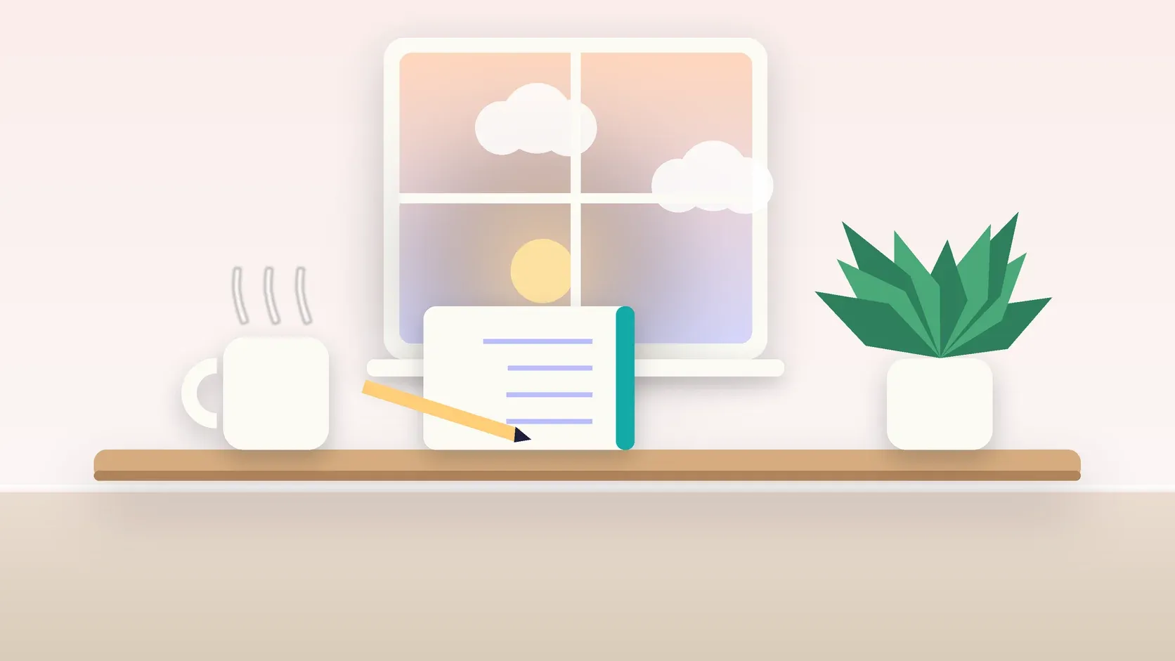 Illustration of morning light rising through a window above a desk with a plant, a notebook and a warm mug